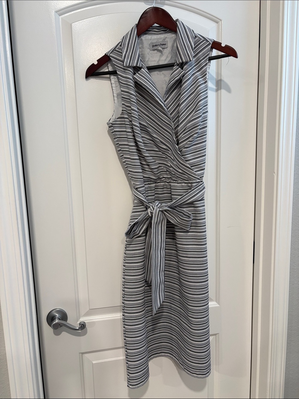 Shelby & Palmer Gray and White Striped Tie-Waist Midi Dress